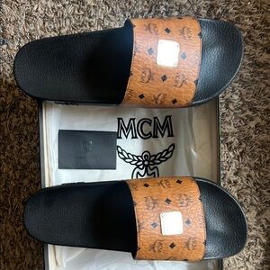MCM Men's Black and Cognac Slide Sandals